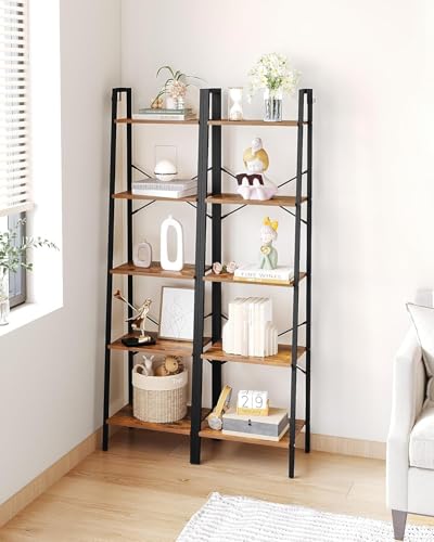 Image of Hzuaneri 5-Tier Ladder Shelf, Bookshelf Bookcase, Freestanding Corner Storage Shelves with 2 Hooks for Home Office, Living Room, Kitchen, Bedroom, Industrial, Rustic Brown and Black BC19201B