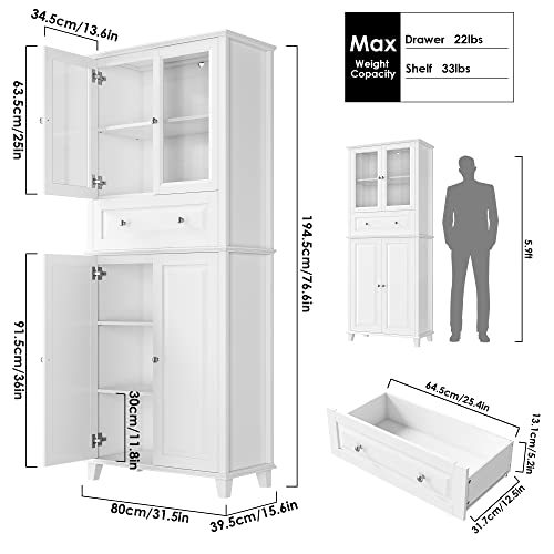 Facbotall 76'' Kitchen Pantry Storage Cabinet, Pantry Cabinet, Freestanding Kitchen Cupboard With Large Drawer, Doors, And Adjustable Shelves For Dining Room, Living Room, Laundry, White #TOP1