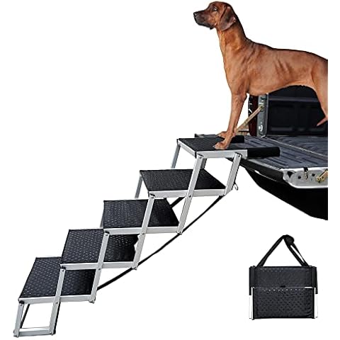 Lunvi Hunderampe für große Hunde SUV mit 5 Treppen, verbesserter Aluminiumrahmen, Haustiertreppe für LKW, Autos, hohe Betten, tragbar Treppe für große Hunde bis zu 90 kg mit Leichter Rutschfester Cover