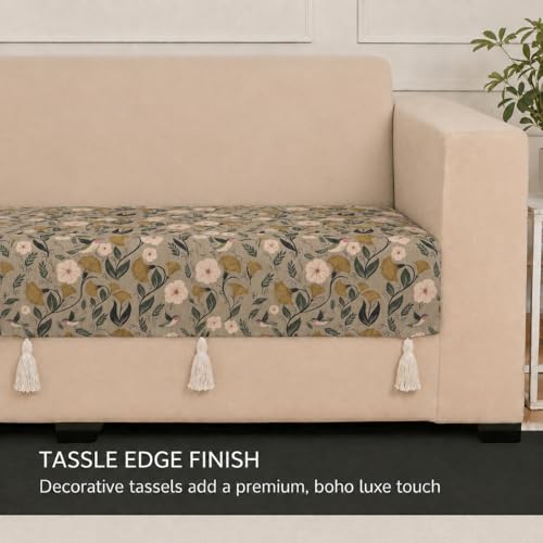 Image of STITCHNEST 'Eden Weaves Collection Series' 1 Seater Sofa Cover|Elegant Woven Fabric, Decorative Tassels, Washable & Durable for Modern Living