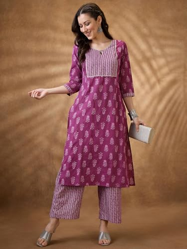 Image of Globus Women Kurta Set (GS412628 Pink S)