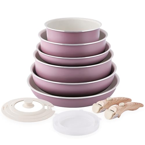 RIOVARM Lot de casseroles et poêles avec poignées amovibles, granit antiadhésif, empilable, avec couvercles en silicone, peu encombrant, sans PFOA, poêle à frire, casseroles