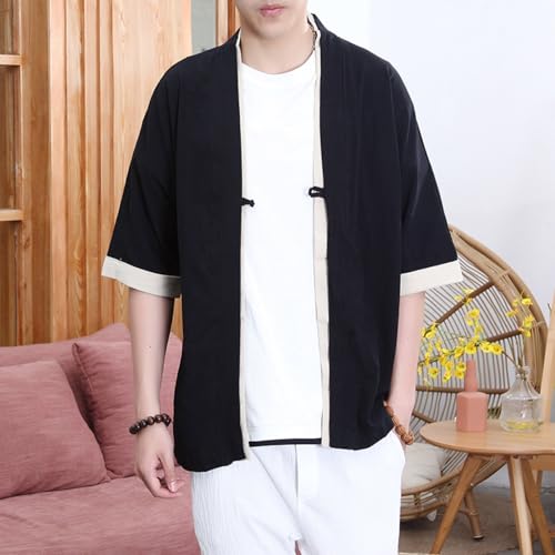Men's Cotton Linen Cardigan Jackets Casual Lightweight 3/4 Sleeve T Shirt Kimono Shirt3