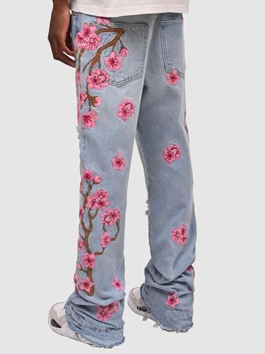 Ripped Stacked Jeans for Men Floral Embroidery Skinny Bootcut Jeans Stretch Slim Fit Straight Leg Denim Pants3