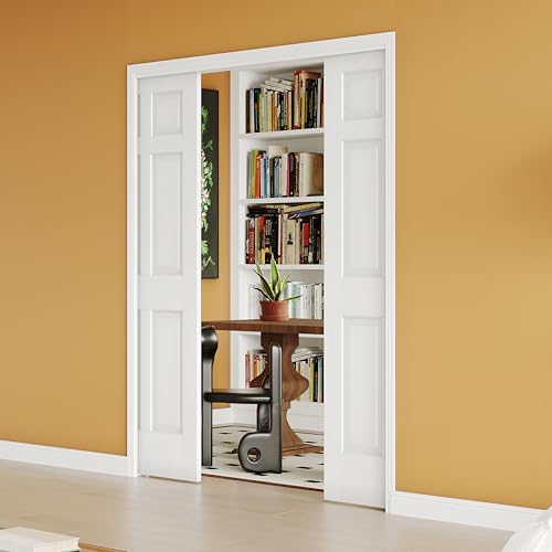 Image of 48 inch x 80 inch Sliding Pocket Interior Door, 6-Panel Hollow Core Pantry Door with Frame and Hardware Kit, Lightweight Closet Door, Waterproof PVC Surface, Easy to Install