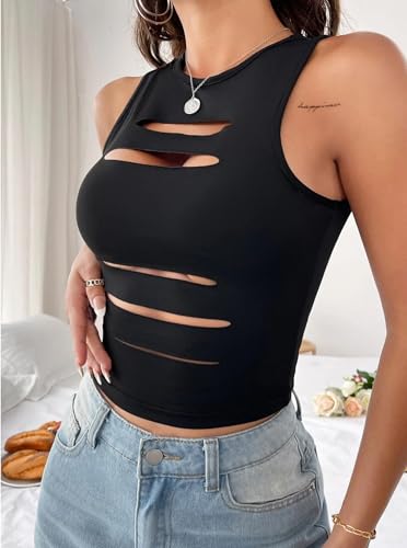 LovelyWholesale Women Sexy Cut Out Crop Tank Tops Crew Neck Summer Sleeveless Top2