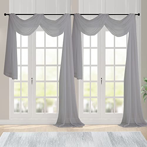 Image of Chyhomenyc Charcoal Grey Sheer Scarf Valances for Windows 216 Inch Extra Long, Window Scarf Drapes Rod Pocket Backdrop for Wedding Arch Draping /Party /Canopy Bed /Living Room, 2PC, 18 Feet Length