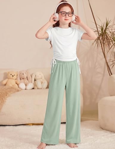 Image of Arshiner Girls 2 Piece Outfit Ruched Drawstring Tops and Wide Leg Pants Set