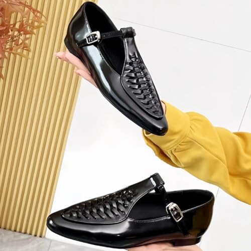 Chic Flats for Women with One-Strap Metal Buckle Pointed-Toe Genuine Leather Mary Jane Shoes Business2