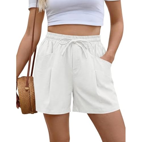 AKEWEI Linen Shorts Women Casual Wide Leg High Waisted Summer Outfits Comfy Elastic Waist Beach Shorts with Pockets White Medium