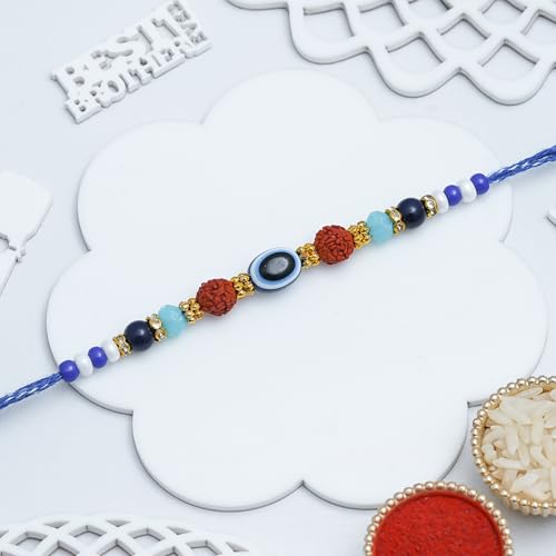 Image of eCraftIndia Evil Eye Rudraksha Rakhi for Brother Bhaiya Bhai with Best Bro Ever Fridge Magnet | Roli Chawal Pack