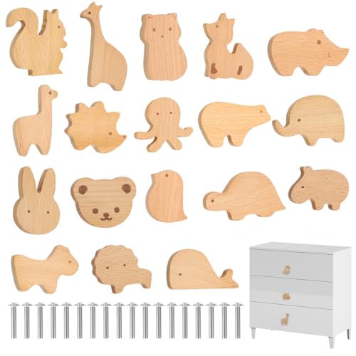 LOEPENLE Lot de 18 boutons d'armoire en bois pour chambre d'enfant, poignée de tiroir en forme d'animal, boutons de commode en bois avec vis, boutons en bois...