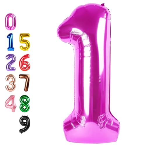 Image of Number Balloons 1 Balloon Hot Pink for 1st Birthday Party Decoration, 40 in | Saturated Color, Large 40 in, With Straw & Hanging Hole, For Back-to-School Season, Wedding, Christmas, New Year, Anniversary