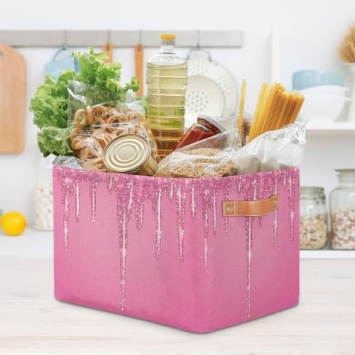 Image of Pink Sparkly Storage Baskets for Organizing, Fabric Collapsible Storage Bins Box Pink Glitter DecorativeToy Organizer Baskets for Closet Shelves Gift Basket 2Pcs