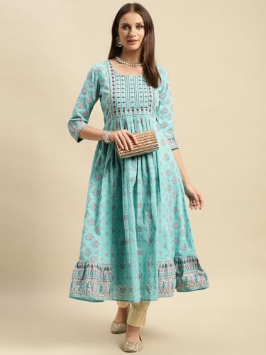 Image of rangita Light Blue Cotton Calf Length Printed Anarkali Kurti for Women | Kurta for Women