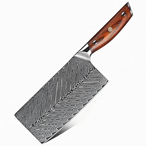 Cleaver Knife,Meat Cleaver 7'' inch Slicing Knife Carbon VG10 Damascus Steel Butcher Cleaver Meat Knife with Fashion Rosewood Handle Cover
