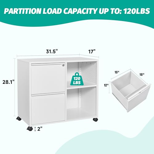 Image of SISESOL 2 Drawer File Cabinet with Lock and Shelf,Mobile Lateral Filing Cabinet,Metal File Organizer Cabinet with Open Storage Shelves for Home Office Fit Legal /Letter A4 Size