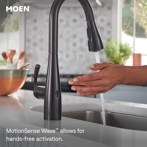 Image of Moen Essie Mediterranean Bronze MotionSense Wave One-Handle Touchless Kitchen Faucet with Pulldown Sprayer and Soap Dispenser, 87014EWBRB