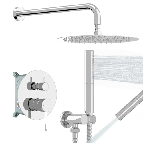 Image of BESy Shower System with 10 Inch Round Rain Shower Head and Handheld Wall Mounted, High Pressure Rainfall Shower Faucet Fixture Combo Set with 2 in 1 Handheld Showerhead for Bathroom, Polished Chrome
