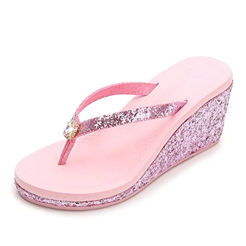 Women's Crystal Sequin Wedge Flip-Flops,Summer Arch Support Beach Slides,Non-Slip Platform Flip Flop Sandals.