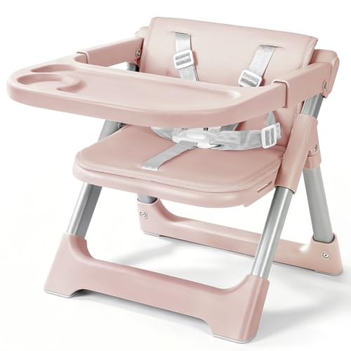 Image of Baby High Chair Booster Seat: Portable Booster Seat for Kitchen s Dining Chair Foldable Highchair - Travel Size Tool-Free Setup Adjustable Tray (Pink)
