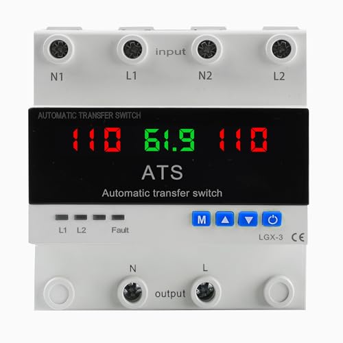 Automatic & Manual Transfer Switch 2P 63A 110V AC Dual Power Converter with LED Display Real-Time Voltage Current Monitoring for Generator/Solar/Home Power