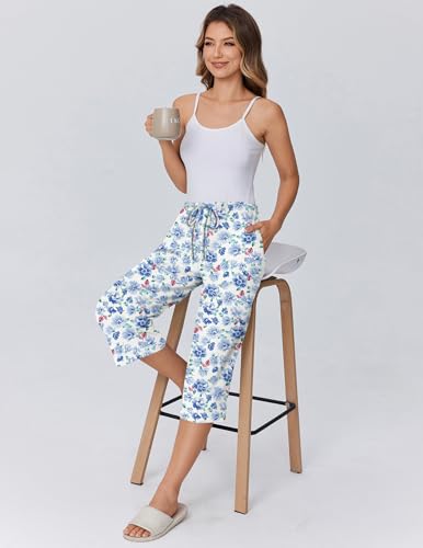Image of Ekouaer Womens Pajamas Pants Capri Pj Bottoms with Pockets Sleep Pants | Comfy Drawstring Printed Soft Lounge Pants for Home, Daliy Wear