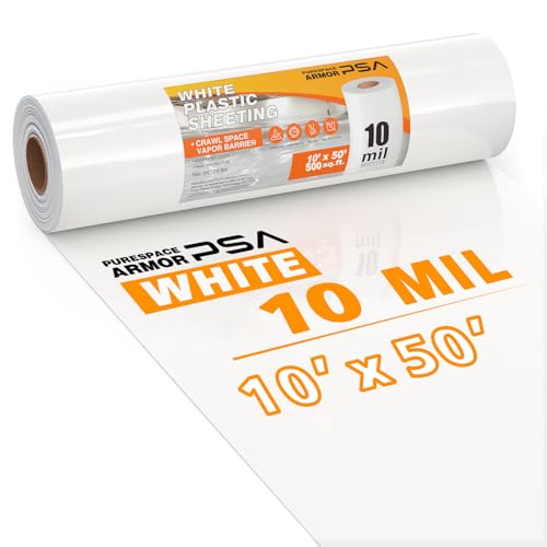 Crawl Space Vapor Barrier, 10mil Film, 10'x50', White Plastic Sheeting - Thick Plastic Sheeting, Heavy Duty Polyethylene Film, Drop Cloth Vapor Barrier Covering for Crawl Space, Garden, Basement by PureSpace Armor - Used condition - US$55.82
