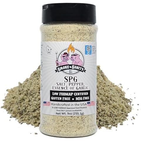 Smoke n Sanity - SPG (Salt, Pepper, Essence of Garlic Salt) Seasoning, Monash Certified Low FODMAP, Gluten Free, Kosher, Dairy Free, MSG Free, Ideal for Meats, Vegetables, and Dips, 9 oz Shaker Cover