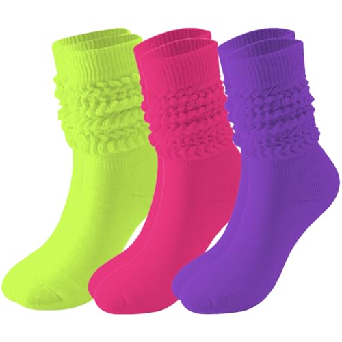 Image of 3 Pairs Women's Slouch Socks 80s 90s Neon Warm Scrunch Socks Chunky Socks Knit Scrunchie Socks Size 9 to 10