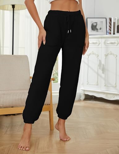 Yeokou Womens Fleece Pajama Pants Warm Fuzzy Cozy Mens Sleep Bottoms With Pockets(-Black-M)2