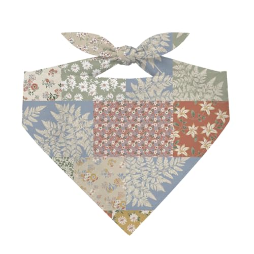 Floral Patchwork Dog Bandana, Multicolor Flower Pattern Adjustable Triangle Pet Scarf, Vintage Floral Dog Accessory Bandanas, Elegant Florals Dogs Bandana for Small Medium Dogs