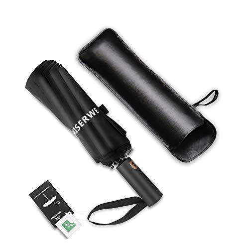 Miserwe Umbrella 12 Ribs with Teflon Coating Umbrella Windproof Lengthened Handle Travel Umbrella with Auto Open Close Button and Free Upscale Leather Cover (Black)