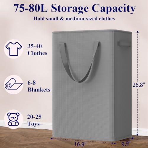 Optish 75L Slim Laundry Hamper, Large Laundry Basket With Handles, Narrow Laundry Basket for Dorm, Bedroom, Living Room, Collapsible Laundry Hamper, Grey by Optish - Used condition - Image 3