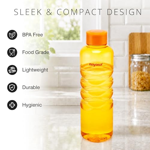 Image of Nayasa Revello 1000 ML Pet Plastic Fridge Water Bottles Set of 6 | BPA Free | Leak Proof | Airtight Lid | Orange
