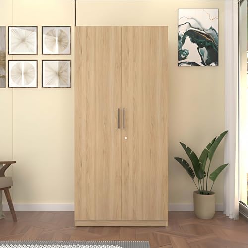 Image of Amazon Brand - Solimo Kiano 2 Door Wardrobe | Cupboard | Almirah with 4 Shelves & Hanging Rod | 90L x 45W x 180H CM | Wood Oak Light | DIY