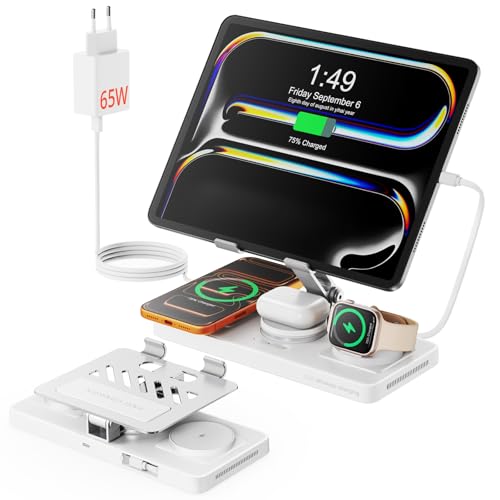 GEEKERA Station de Charge 4-en-1 pour Apple, Câble Escamotable pour iPad, Chargeur Magnétique sans Fil pour iPhone 12-17/Air/Pro, Station d’Accueil pour...