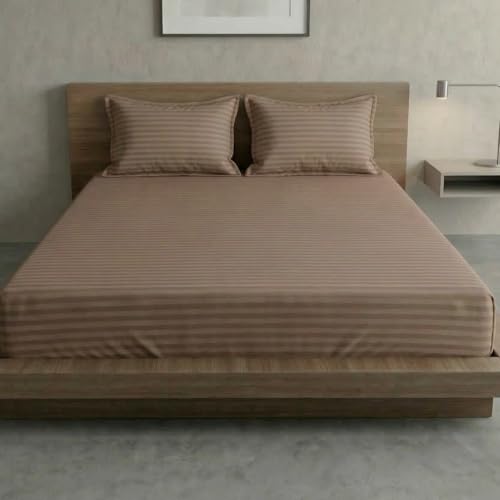 Image of Home Sizzler Microfibre Beige Satin Stripe Double Bedsheet with 2 King Size Pillow Covers