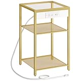 HOOBRO End Table with Charging Station, Side Table with USB Port & Power Outlets, 3-Tier Slim Nightstand with Storage Shelves, Tempered Glass, for Living Room, Bedroom, Gold GD77UBZ01