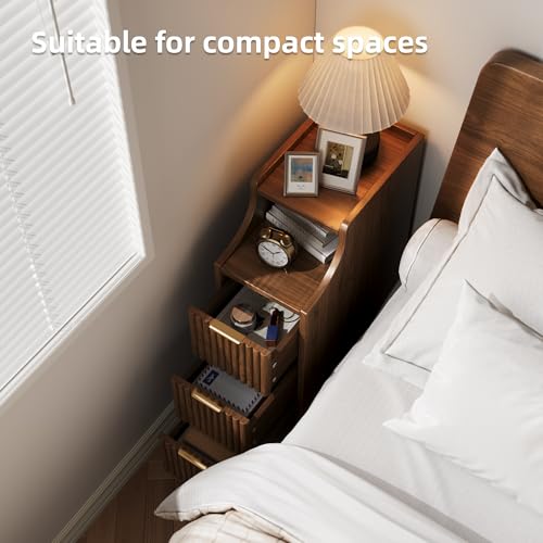 Image of 7.9 inch Narrow Nightstand Set of 2,23.6 inch Tall Fluted Bedside Table Set of 2, Slim Side End Table with 3 Drawers, Wooden Bedside Table, Mid Century Modern Night Stand for Bedroom Livingroom Sofa Office