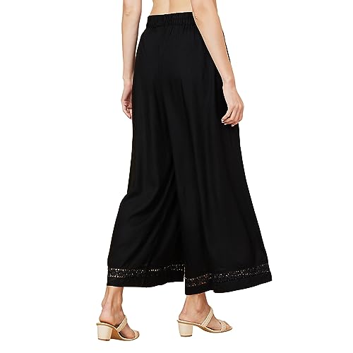 Image of Globus Women Black Solid Ethnic Wide Leg Palazzo with Lace at Hem-3638111001