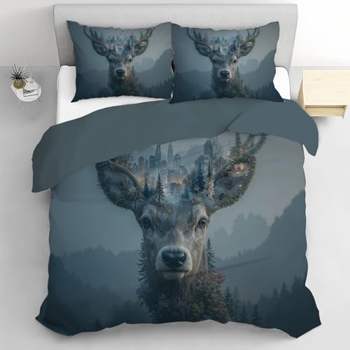 DLERFLOVR Housse de Couette 140x200cm Statue De Cerf De Forêt Linge de Lit pour 1 Personne Ensemble de Literie Surréalisme Parure de Couette Réversible avec...