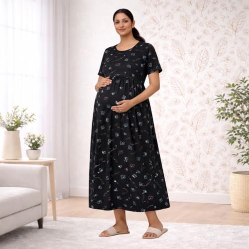 Image of Zero Clothing Feeding Dress for New Moms | Cotton Maternity Nighty | Zipless Feeding Dresses for Women | Pregnancy & Nursing Wear