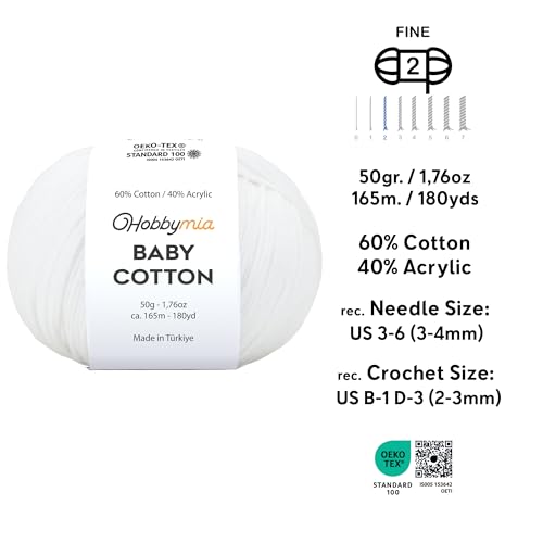 Image of Baby Cotton Blend Yarn - Soft Sport Weight Yarn for Crochet & Amigurumi - 50g /180yds - 60% Cotton 40% Acrylic - Ideal for Baby & Knitting Proj.(Max White, 2 Balls)