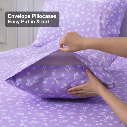 Image of Viviland Full Sheet Set - 4 Piece Cute Purple and White Flower Patterned Bed Sheets - Soft, Breathable Microfiber Sheets with Deep Pocket, Non-Slip Fitted Sheets & Pillowcases