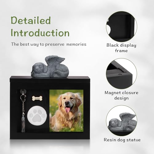 DiDiBirDi Tierurnen für Hunde, Schwarze Handgefertigte Hundeurne aus Holz mit Hunde - Gedenkfigur, Gedenkflasche für Haare, Stempelkissen und feuchtigkeitsbeständiger aus Flanell (bis 35kg) 