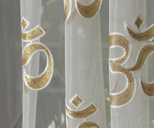 Image of KALIYO Sheer Net Curtains with Om Embroidery | Transparent Window Curtain for Living Room, Bedroom & Pooja Room | Ring Eyelet Curtain Panel | 1 Curtain | 8ft