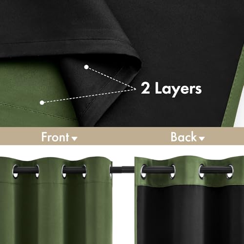 Image of MIULEE Olive Green 100% Blackout Curtains for Bedroom 90 Inch Long | 2 Thick Layers Thermal Insulated Window Curtains with Black Liner, Noise Reducing Grommet,Drapes for Living Room, 2 Panels