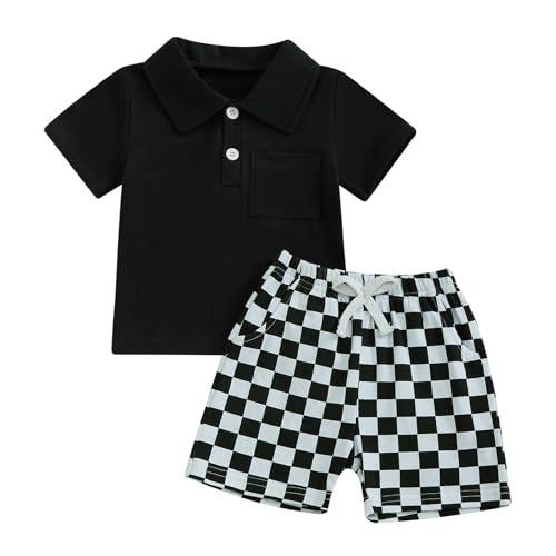 Toddler Baby Boy Outfits Short Sleeve Lapel T-shirt Shirts Checkerboard Stretch Shorts Toddler Summer Clothes (Black, 18-24 Months)