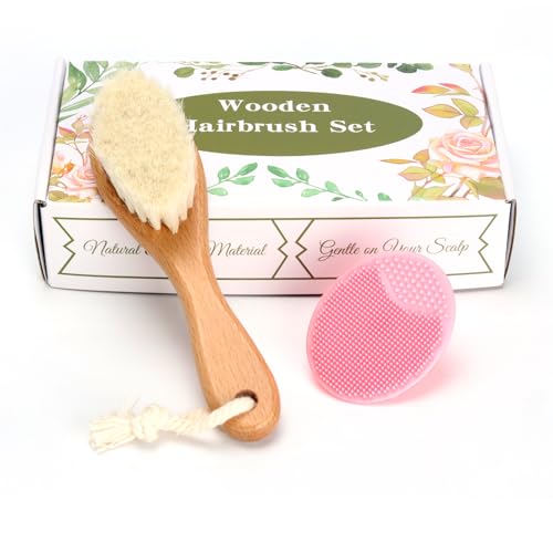 Baby Hair Brush, Wooden Goat Bristles Hair Brush with Silicone Hair Scrubber Cradle Cap Brush for Newborn, Toddler, Boys, Girls Perfect Scalp Grooming Product (Pink)